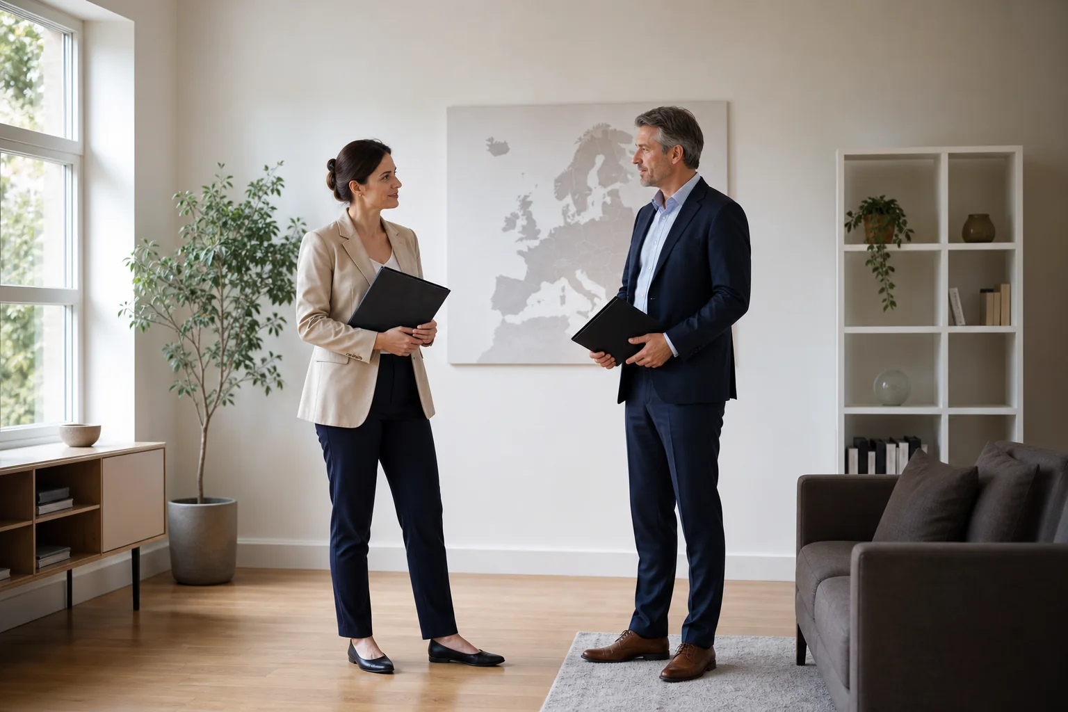 Grenzüberschreitendes Immobiliengespräch mit neutralen Unterlagen